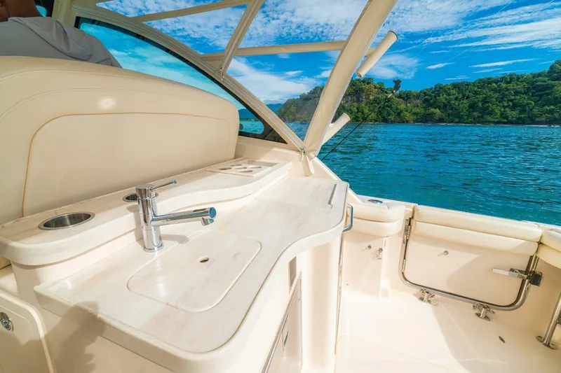 Dos Amigos Yacht Photos Pics 2020 Grady-White Freedom 375 boat interior with sink, overlooking scenic ocean and lush greenery.