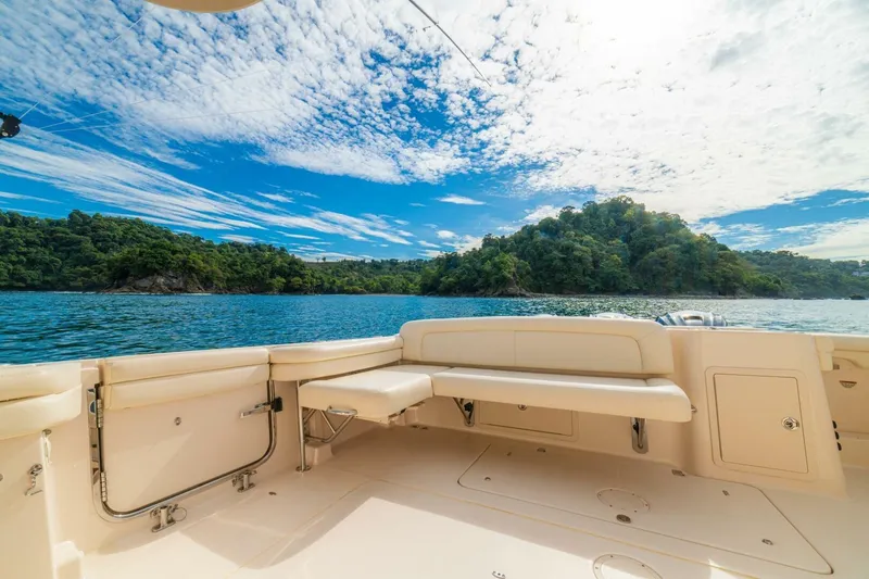 Dos Amigos Yacht Photos Pics 2020 Grady-White Freedom 375 boat interior with scenic ocean and island view.