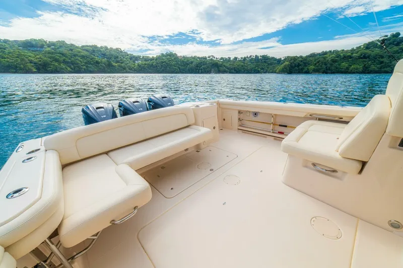 Dos Amigos Yacht Photos Pics 2020 Grady-White Freedom 375 boat interior with seating, overlooking serene water and lush greenery.