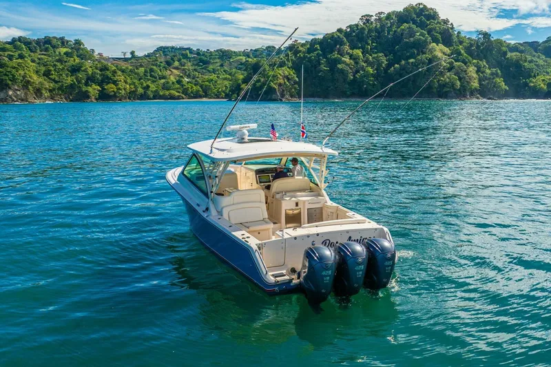 Dos Amigos Yacht Photos Pics 2020 Grady-White Freedom 375 boat on scenic blue water near lush green coastline.