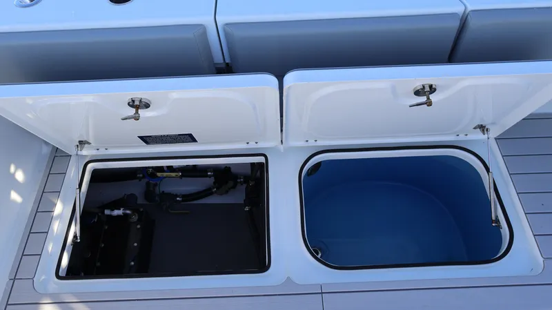  Yacht Photos Pics Freeman 47 boat storage compartments, 2021 model, open on deck.
