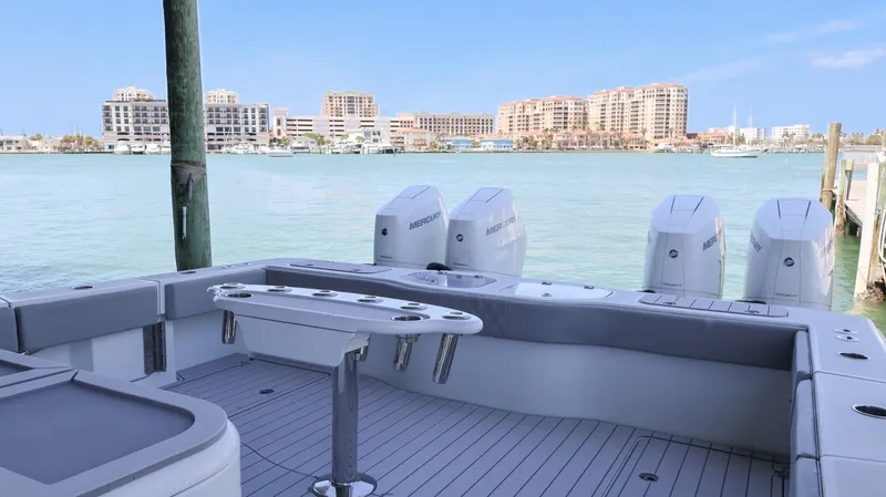  Yacht Photos Pics Freeman 47 boat deck with city skyline in the background, 2021 model.