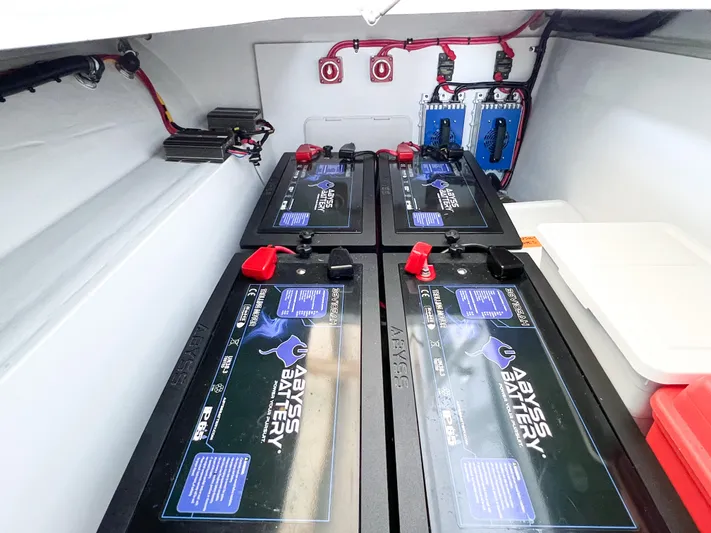  Yacht Photos Pics Battery compartment of a 2021 Freeman 47 boat with Abyss batteries and wiring.
