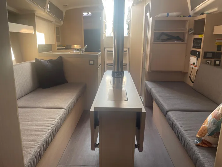 Cutting Edge Yacht Photos Pics 2023 Beneteau Oceanis 34.1 interior with modern seating and sleek design.
