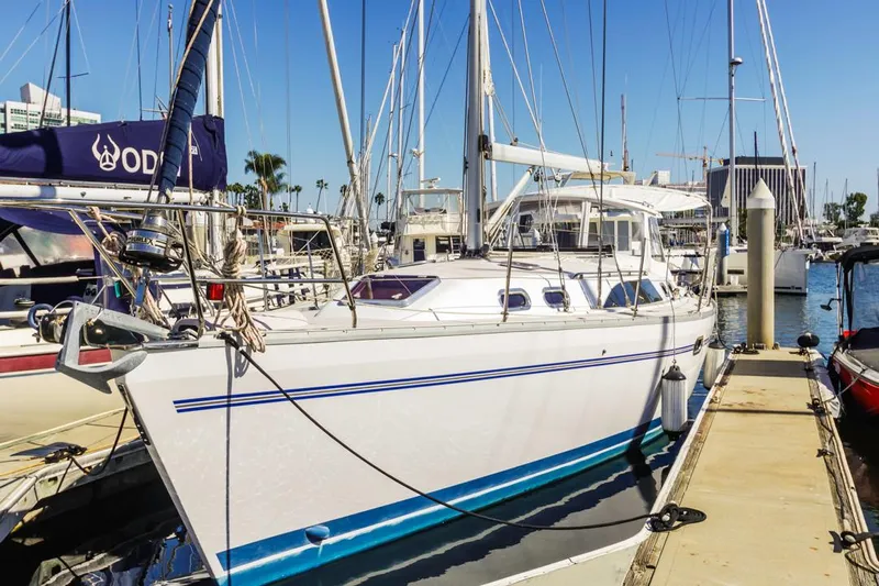 Kia Ora Yacht Photos Pics Catalina 385 sailboat docked at marina, 2014 model, sunny day.
