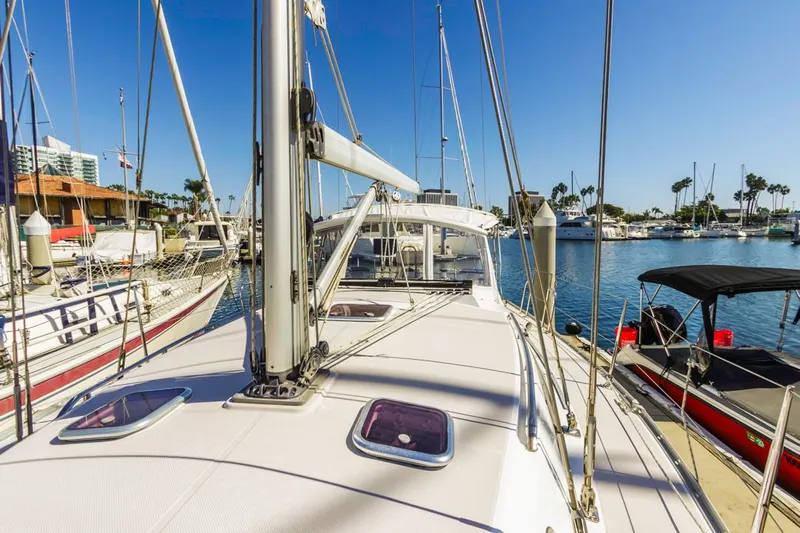 Kia Ora Yacht Photos Pics Catalina 385 sailboat docked in marina, 2014 model, sunny day.