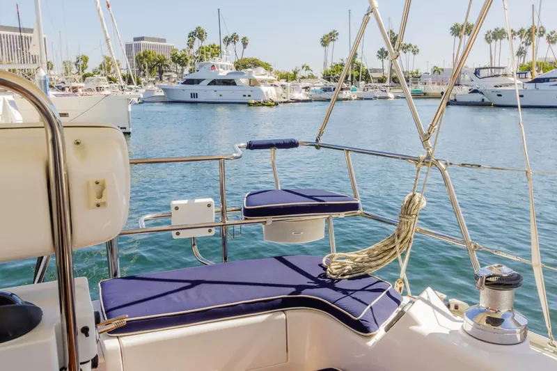 Kia Ora Yacht Photos Pics Catalina 385 sailboat cockpit with marina view, 2014 model.