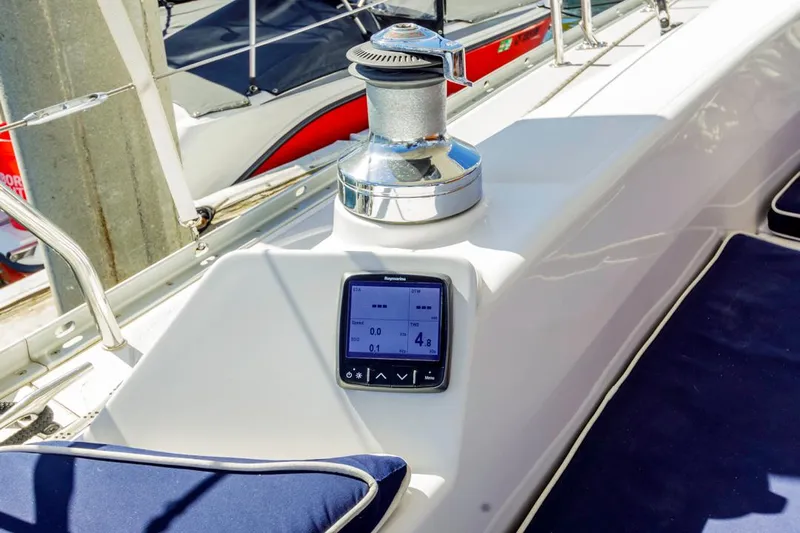 Kia Ora Yacht Photos Pics Catalina 385 sailboat deck with winch and navigation display, 2014 model.