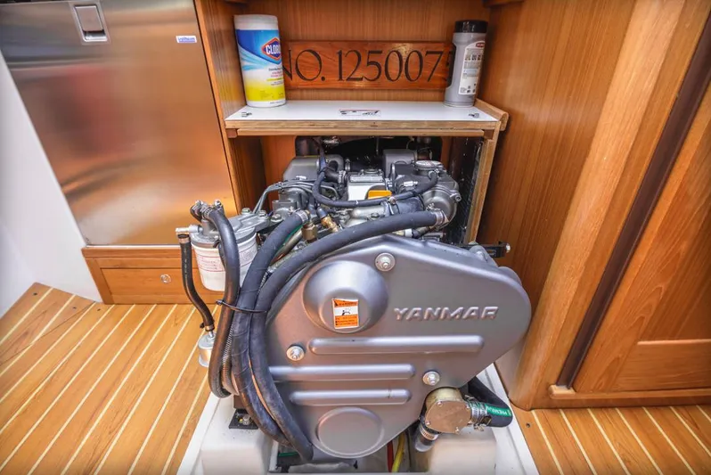 Kia Ora Yacht Photos Pics Catalina 385 sailboat engine compartment, featuring a Yanmar engine, 2014 model.