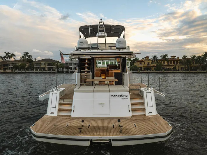  Yacht Photos Pics 2022 Pardo Yachts E60 on water, rear view at sunset.