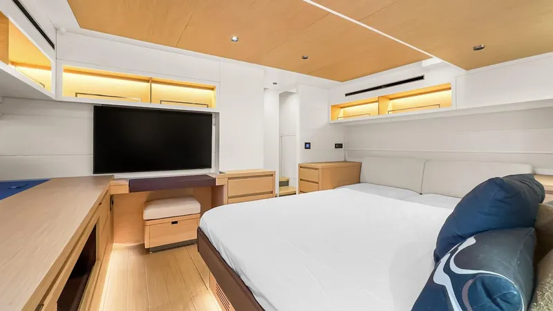  Yacht Photos Pics Luxurious 2022 Pardo Yachts E60 cabin interior with modern design and cozy furnishings.