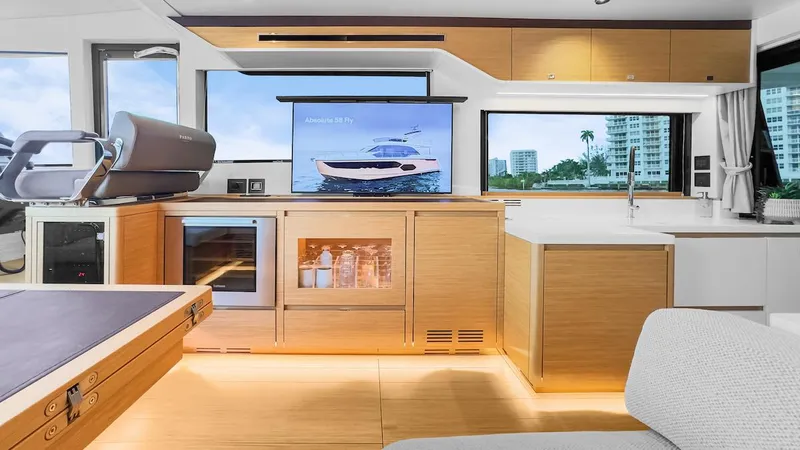  Yacht Photos Pics Luxurious interior of 2022 Pardo Yachts E60 with modern kitchen and sleek design.