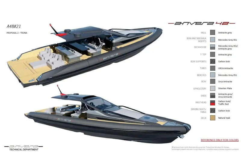  Yacht Photos Pics Anvera 48S USA 2025 luxury yacht design with sleek black exterior and spacious deck layout.