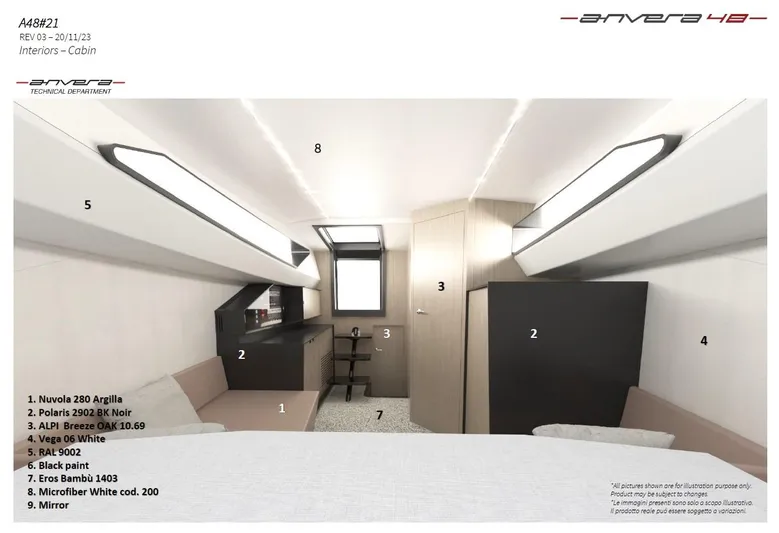  Yacht Photos Pics Interior view of 2025 Anvera 48S cabin, featuring modern design and labeled elements.