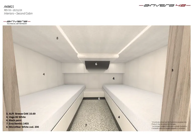  Yacht Photos Pics Interior of 2025 Anvera 48S yacht, featuring twin beds and modern minimalist design.