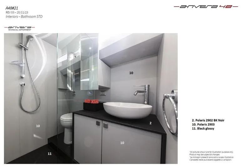  Yacht Photos Pics Modern bathroom interior of Anvera 48S yacht, featuring sleek fixtures and minimalist design, 2025 model.