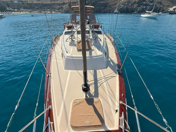  Yacht Photos Pics 2008 Island Packet 465 sailboat on calm blue water, viewed from the deck.