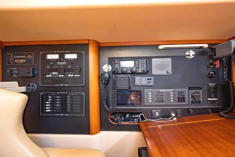  Yacht Photos Pics Control panel of a 2008 Island Packet 465 yacht, featuring navigation and communication equipment.
