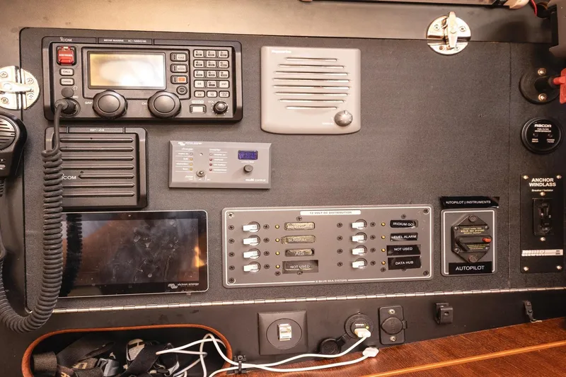  Yacht Photos Pics Control panel of a 2008 Island Packet 465 sailboat with navigation and communication equipment.