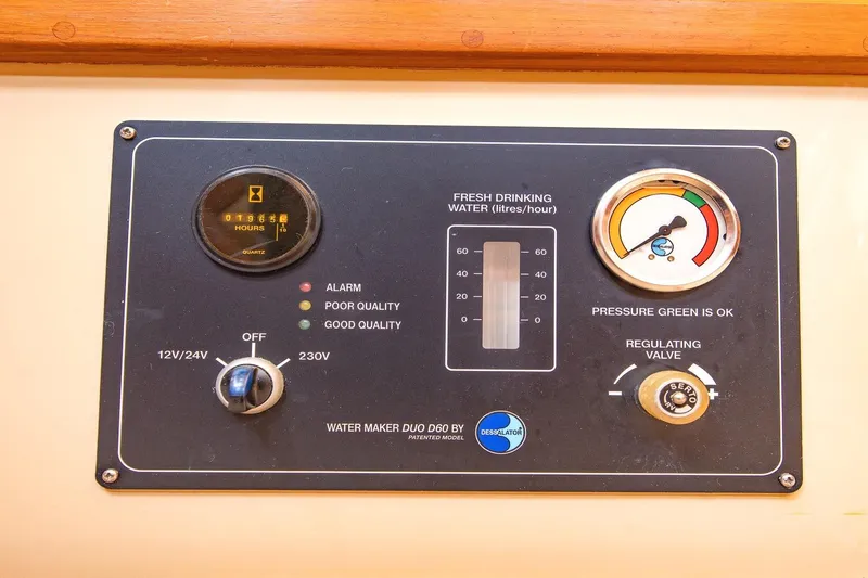  Yacht Photos Pics Control panel of a 2008 Island Packet 465 water maker, showing gauges and settings.