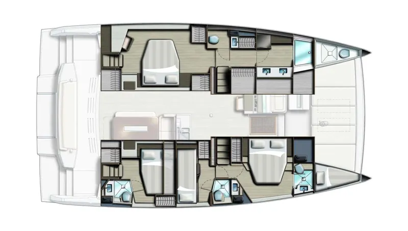  Yacht Photos Pics Floor plan of a 2020 Bali 4.8 catamaran, featuring multiple cabins and bathrooms.
