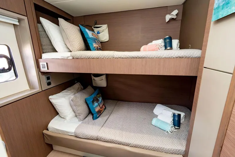  Yacht Photos Pics Bali 4.8 yacht interior with cozy bunk beds, pillows, and towels, 2020 model.