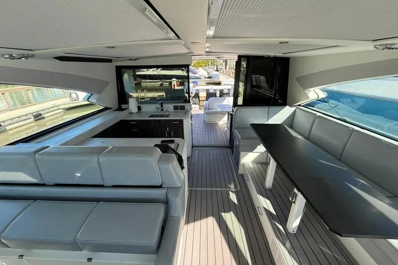  Yacht Photos Pics Luxurious interior of 2022 Formula 500 Super Sport Crossover yacht with sleek seating and modern design.