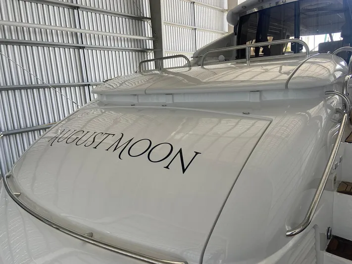 August Moon Yacht Photos Pics Sunseeker Predator 80 yacht, 2000 model, named "August Moon" in a storage facility.