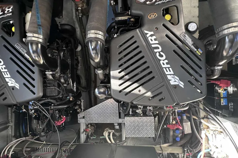  Yacht Photos Pics Engine compartment of a 2000 Sea Ray 410 Sundancer with Mercury engines.
