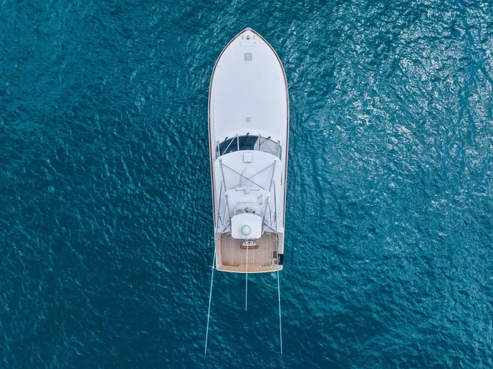 Ohayo Yacht Photos Pics Aerial view of 2010 Viking 52 Open yacht on blue ocean water.