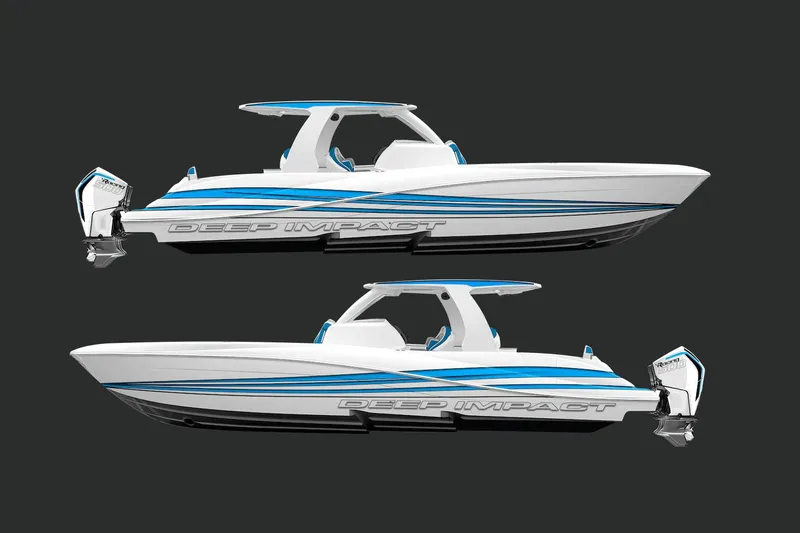  Yacht Photos Pics 2027 Deep Impact 399 Sport boat with sleek design and blue accents.