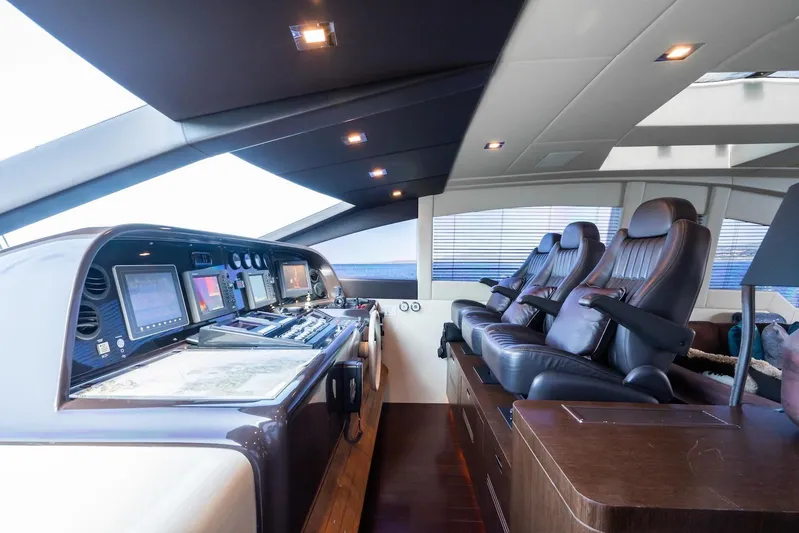 MilÙ II Yacht Photos Pics Luxurious 2009 Overmarine Mangusta 80 yacht cockpit with leather seating and advanced navigation systems.