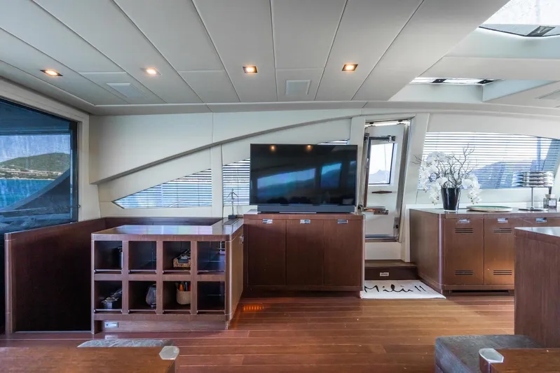 MilÙ II Yacht Photos Pics Luxurious interior of 2009 Overmarine Mangusta 80 yacht with modern furnishings and large TV.
