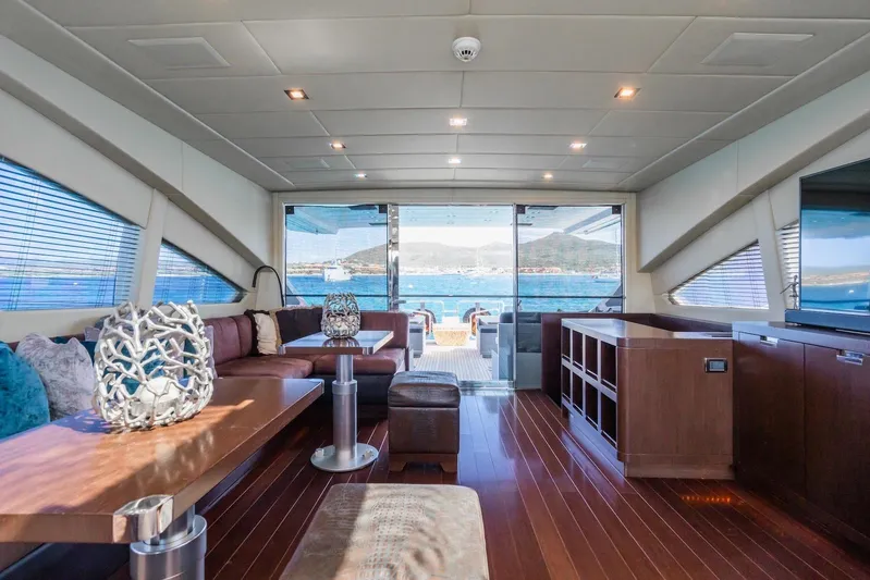 MilÙ II Yacht Photos Pics Luxurious interior of 2009 Overmarine Mangusta 80 yacht with elegant furnishings and sea view.