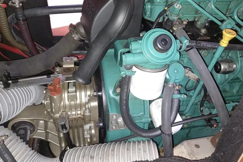 We Reach Yacht Photos Pics Engine compartment of a 2011 Dufour 425 Grand Large sailboat.