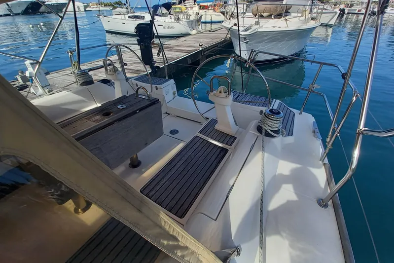 We Reach Yacht Photos Pics Cockpit of 2011 Dufour 425 Grand Large yacht docked at marina.