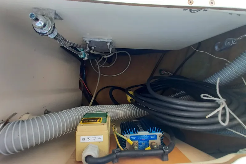 We Reach Yacht Photos Pics Interior view of 2011 Dufour 425 Grand Large yacht showing cables and equipment.