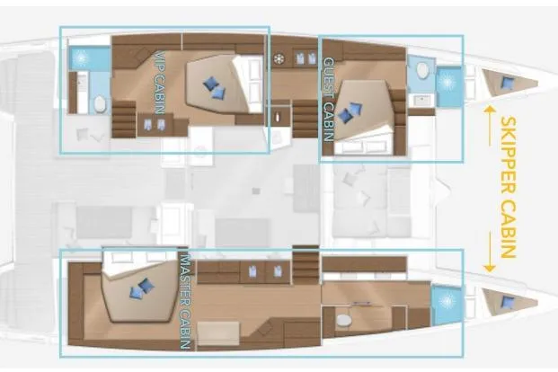 Oui Cherie Yacht Photos Pics Floor plan of a 2017 Lagoon 52 F yacht, featuring VIP, guest, master, and skipper cabins.