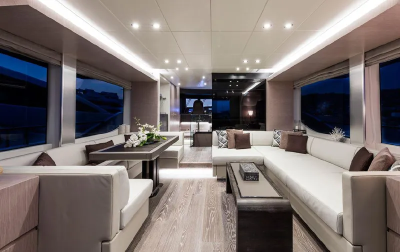 Bull Yacht Photos Pics Luxurious interior of 2016 Canados 76 GT yacht with elegant seating and modern decor.