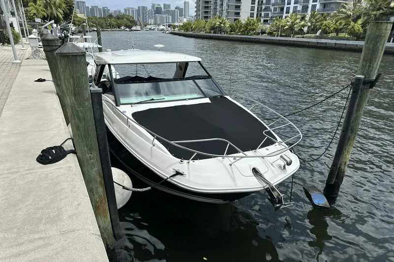  Yacht Photos Pics 2023 Sea Ray 320 DA-OB boat docked in a marina with cityscape background.