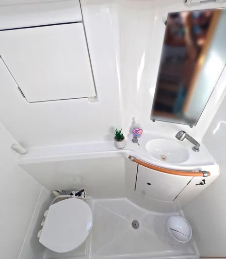 Kelapa Yacht Photos Pics Compact bathroom in 2016 Lagoon 380 S2 yacht with sink, toilet, and mirror.