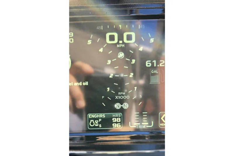 Famous Sport Boat Vibe Yacht Photos Pics Dashboard display of a 2016 Formula 330 Crossover Bowrider showing speed and engine hours.