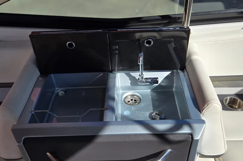Famous Sport Boat Vibe Yacht Photos Pics 2016 Formula 330 Crossover Bowrider sink and storage area with modern design.