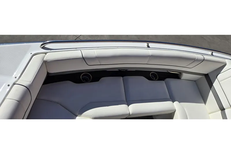 Famous Sport Boat Vibe Yacht Photos Pics 2016 Formula 330 Crossover Bowrider interior with white cushioned seating.