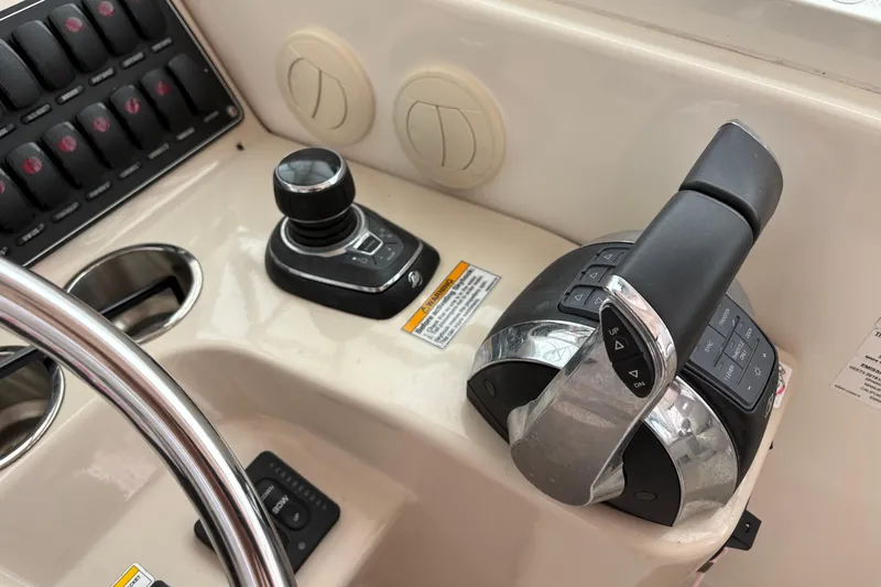 Amy Yacht Photos Pics 2018 Boston Whaler 345 Conquest helm controls with joystick and throttle.