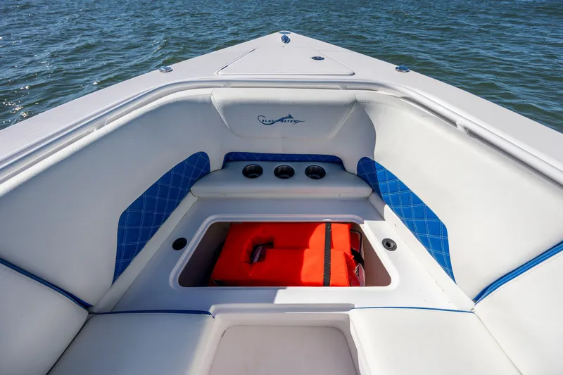  Yacht Photos Pics 2022 Blackwater 36 Sport boat interior with storage compartment and life jacket.