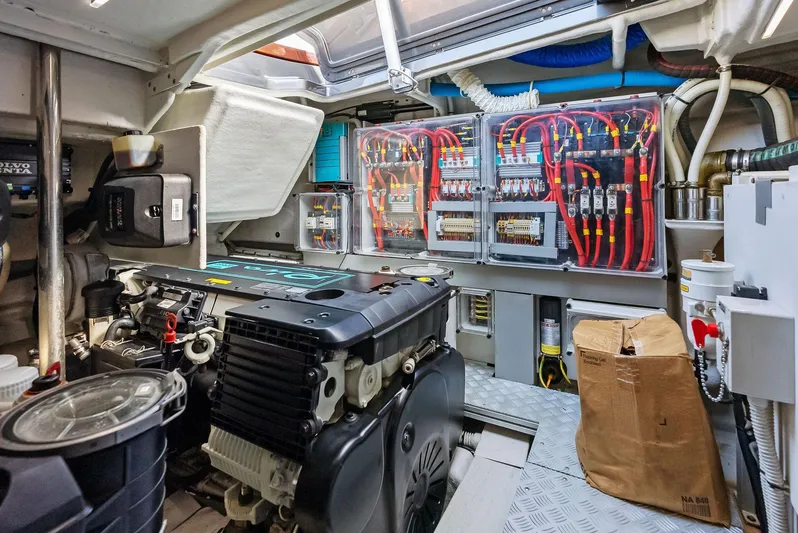 La Ruta Yacht Photos Pics Engine room of a 2017 Riva Rivamare yacht with electrical panels and machinery.