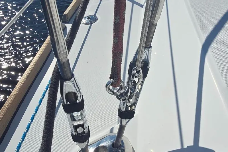 Sognare Yacht Photos Pics Close-up of rigging on a 2011 Beneteau Oceanis 40 sailboat deck.