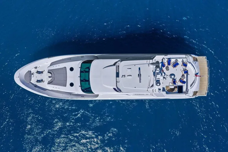  Yacht Photos Pics Aerial view of 2014 Horizon RP 110 yacht on blue ocean water.