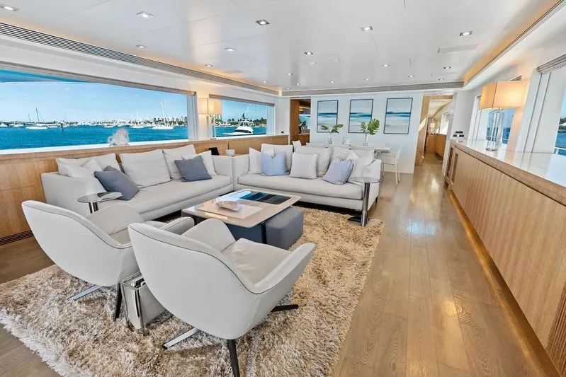  Yacht Photos Pics Luxurious interior of 2014 Horizon RP 110 yacht with elegant seating and ocean view.